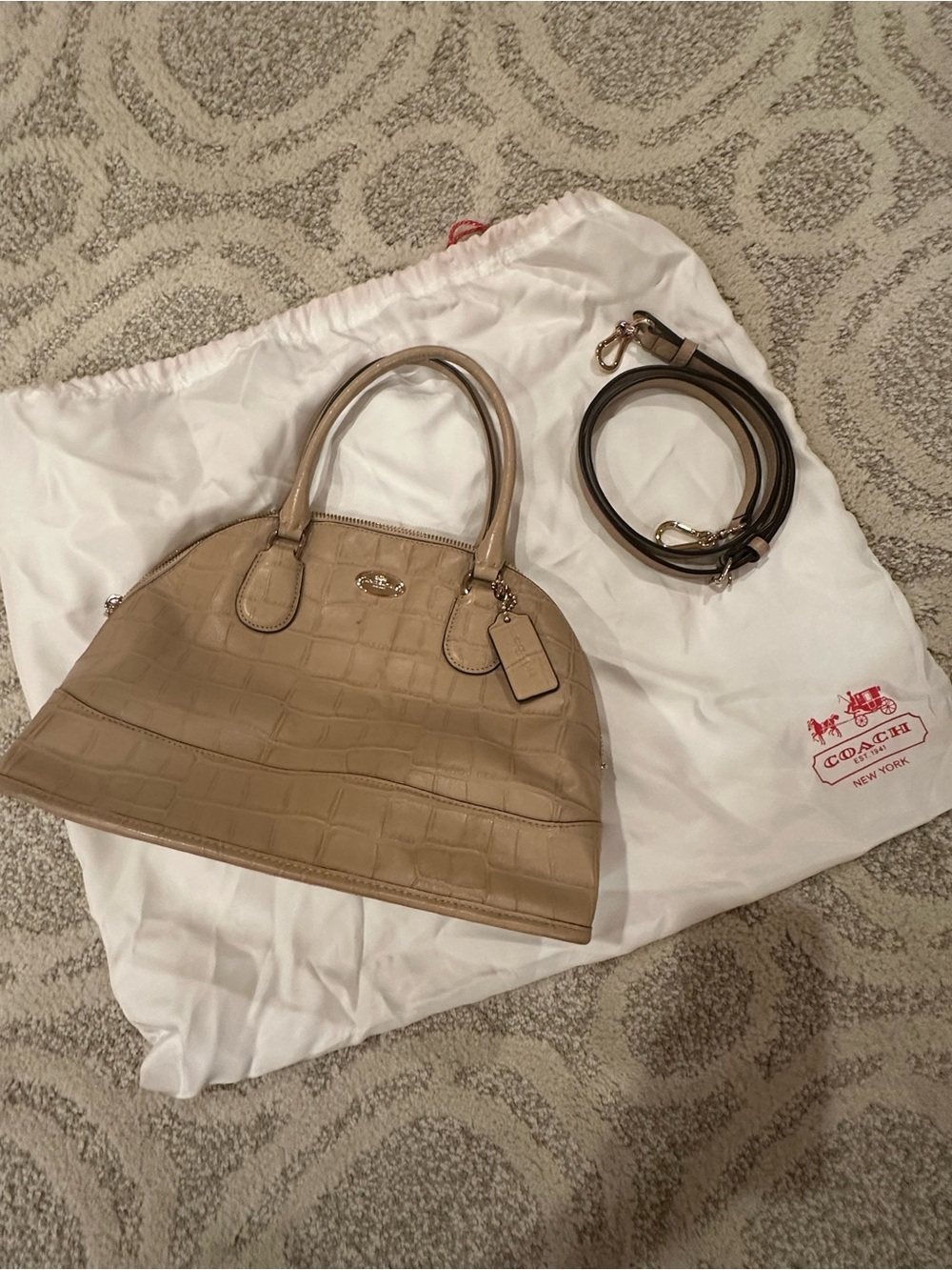 Coach Taupe Croc-Embossed Leather Satchel with Removable Strap and dust cover